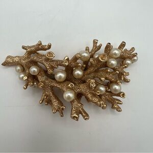 Vintage Trifari Gold Coral Brooch with Pearls